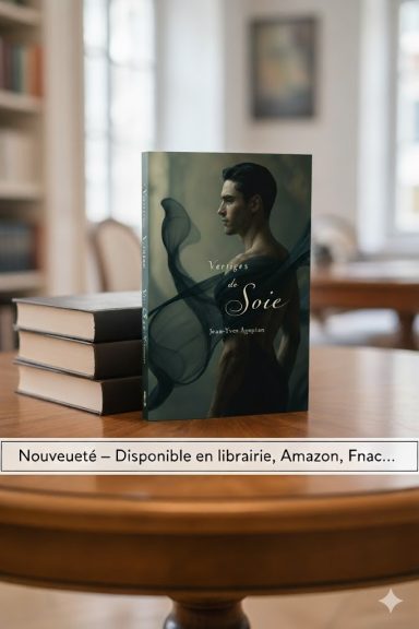 Un livre sur une table en bois, avec une couverture artistique et des livres derrière.